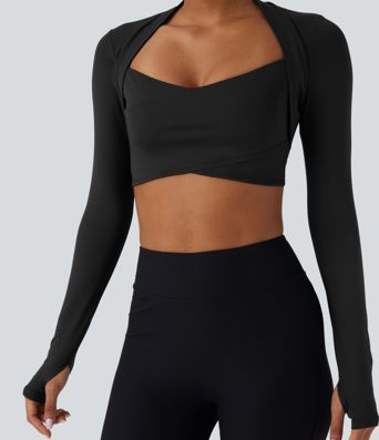 SoftlyZero™ QuickDry Crossover Thumb Hole Cropped Yoga Sports Shrug Top