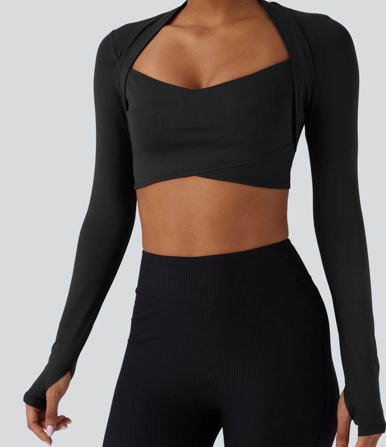 SoftlyZero™ QuickDry Crossover Thumb Hole Cropped Yoga Sports Shrug Top