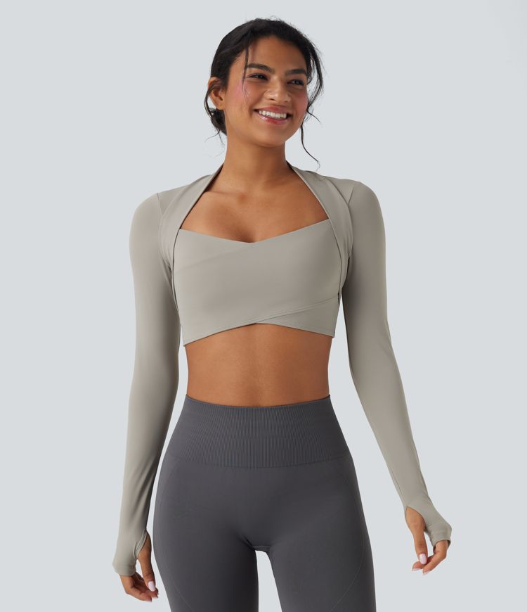 SoftlyZero™ QuickDry Crossover Thumb Hole Cropped Yoga Sports Shrug Top