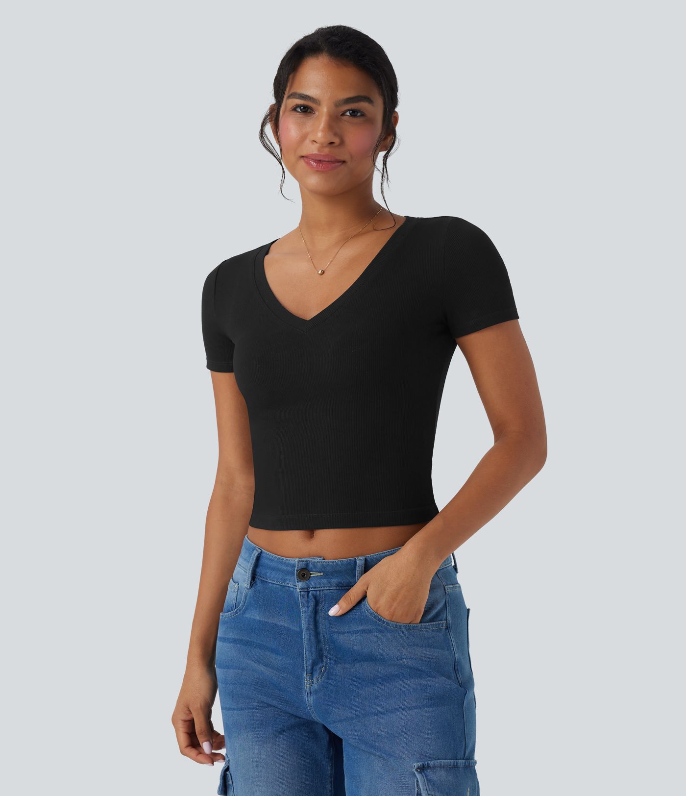 Camiseta corta de trabajo con cuello en V y manga corta de punto acanalado