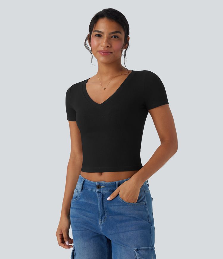 Camiseta corta de trabajo con cuello en V y manga corta de punto acanalado