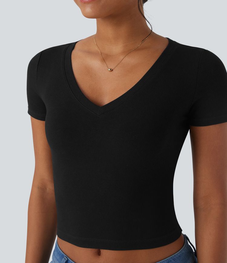 Camiseta corta de trabajo con cuello en V y manga corta de punto acanalado