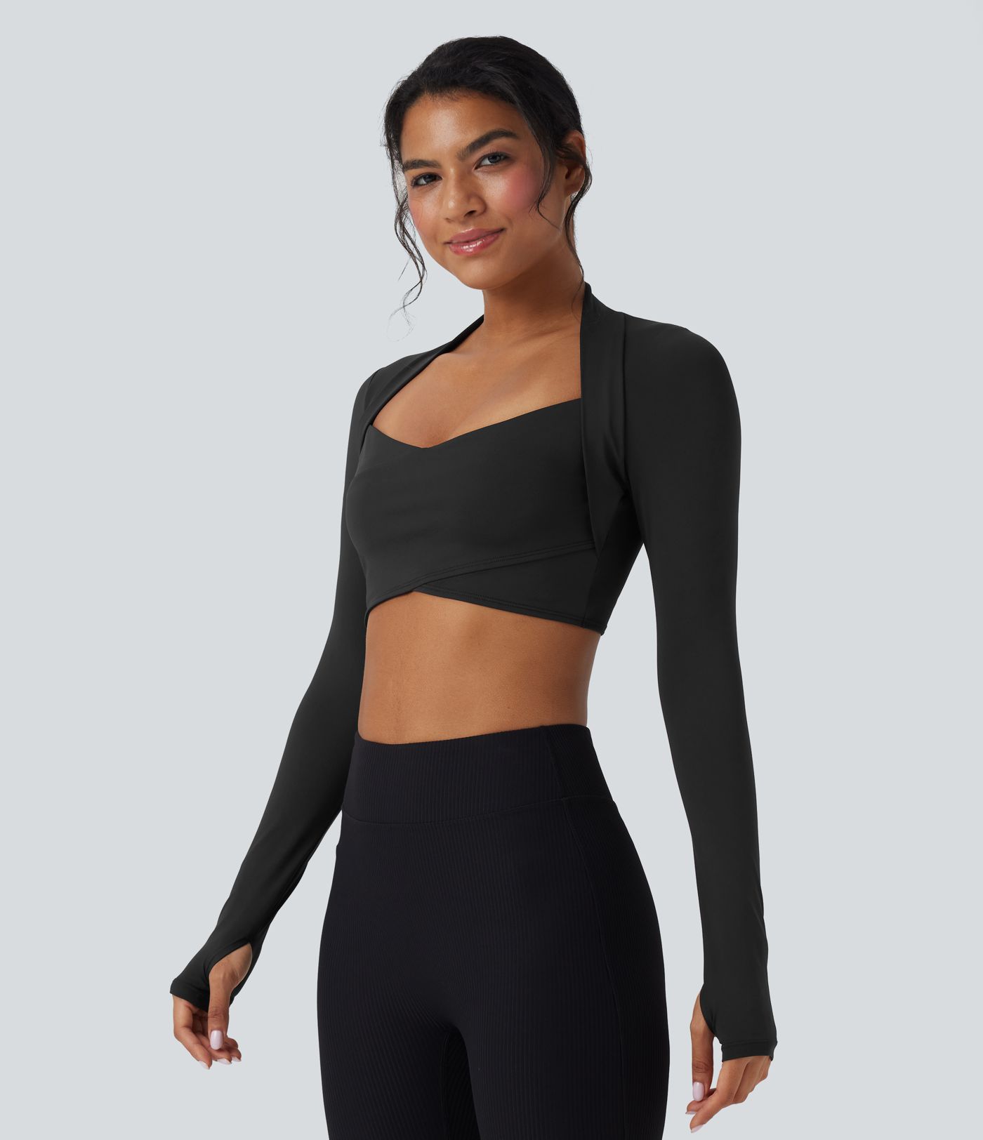 SoftlyZero™ QuickDry Crossover Thumb Hole Cropped Yoga Sports Shrug Top
