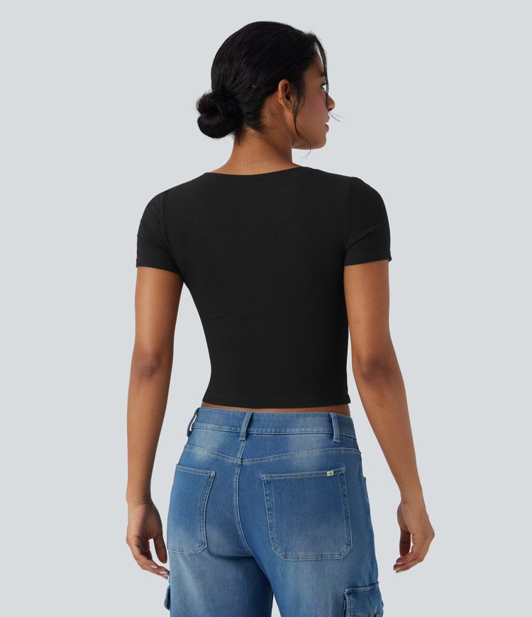 Camiseta corta de trabajo con cuello en V y manga corta de punto acanalado