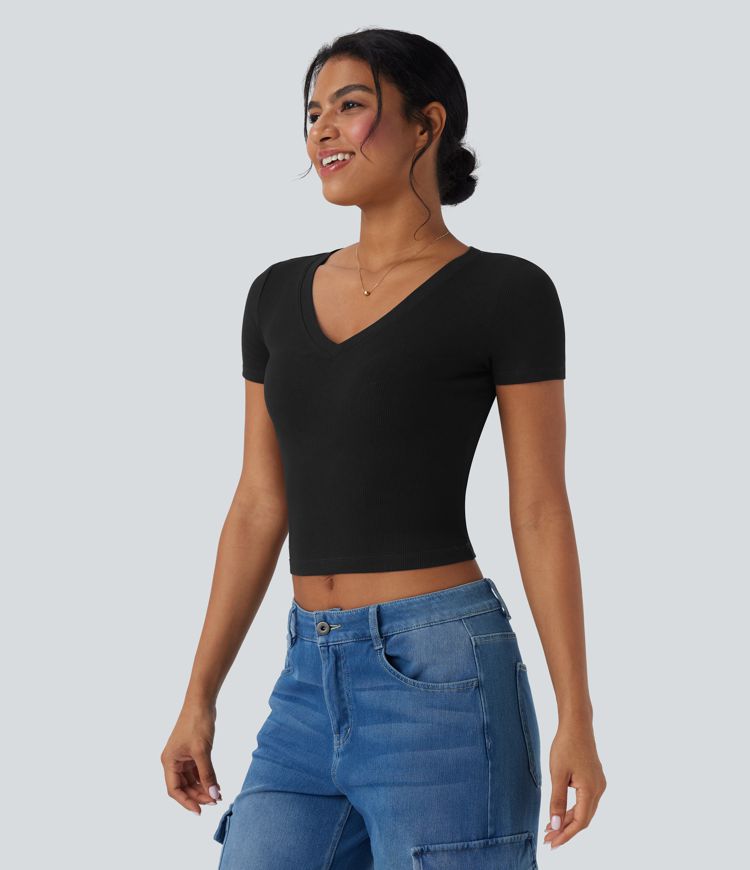 Ribbed Knit V Neck Short Sleeve Cropped Work T-Shirt