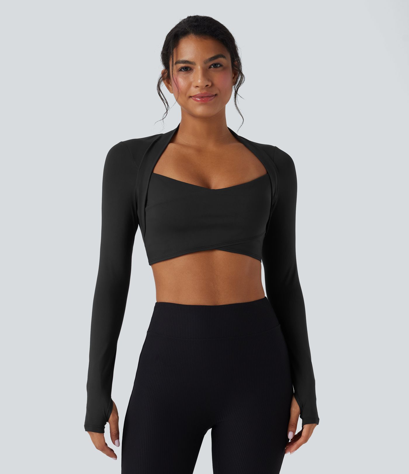 SoftlyZero™ QuickDry Crossover Thumb Hole Cropped Yoga Sports Shrug Top