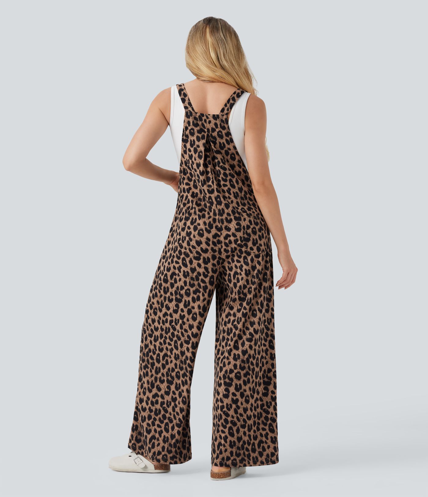 Leopard Print Waffle Women Casual Overalls with Pockets
