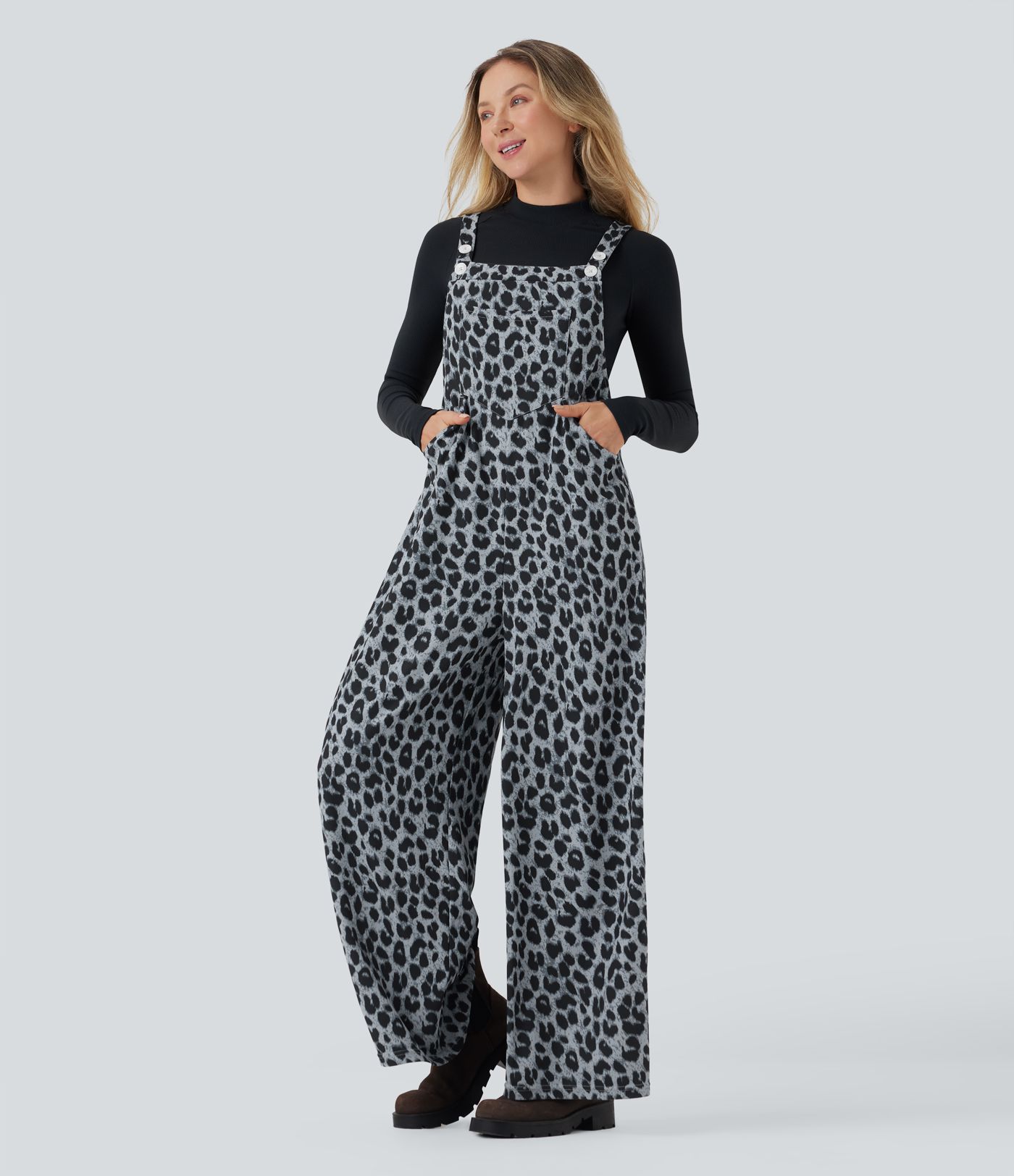 Leopard Print Waffle Casual Overalls with Pockets