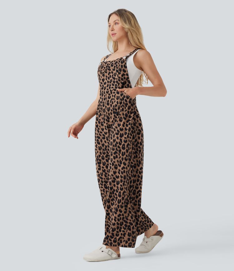 Leopard Print Waffle Casual Overalls with Pockets