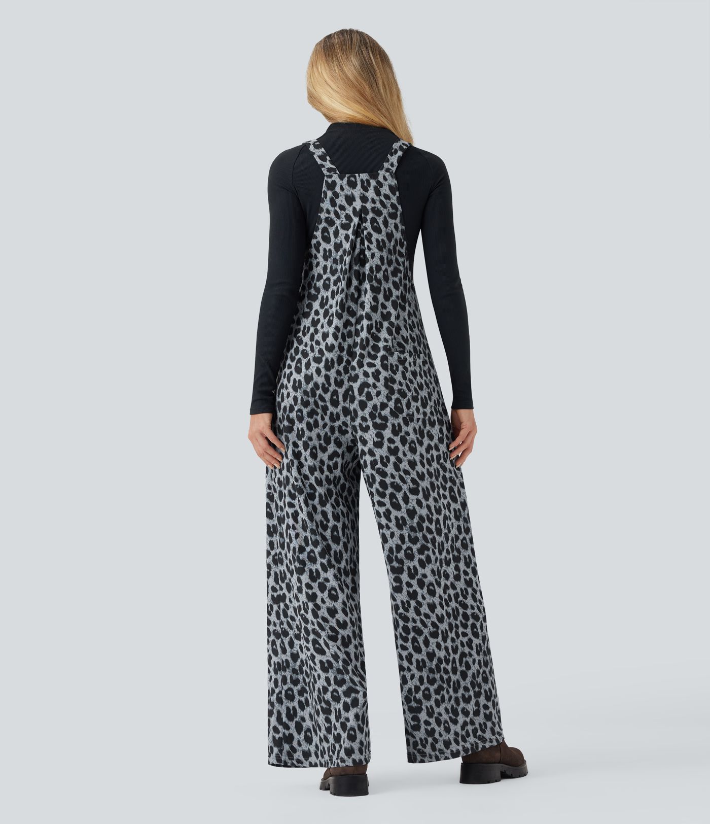 Leopard Print Waffle Casual Overalls with Pockets