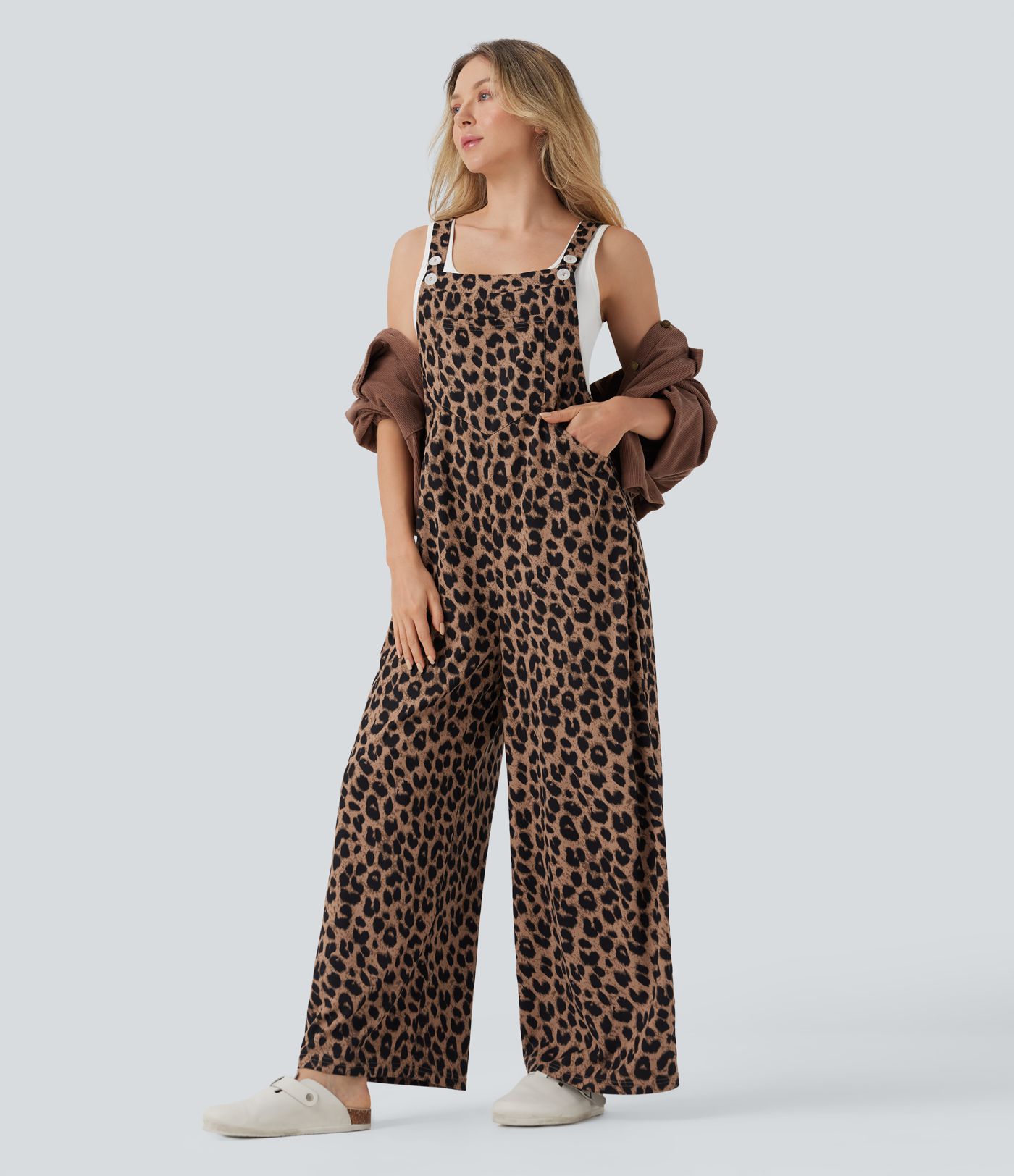 Leopard Print Waffle Women Casual Overalls with Pockets