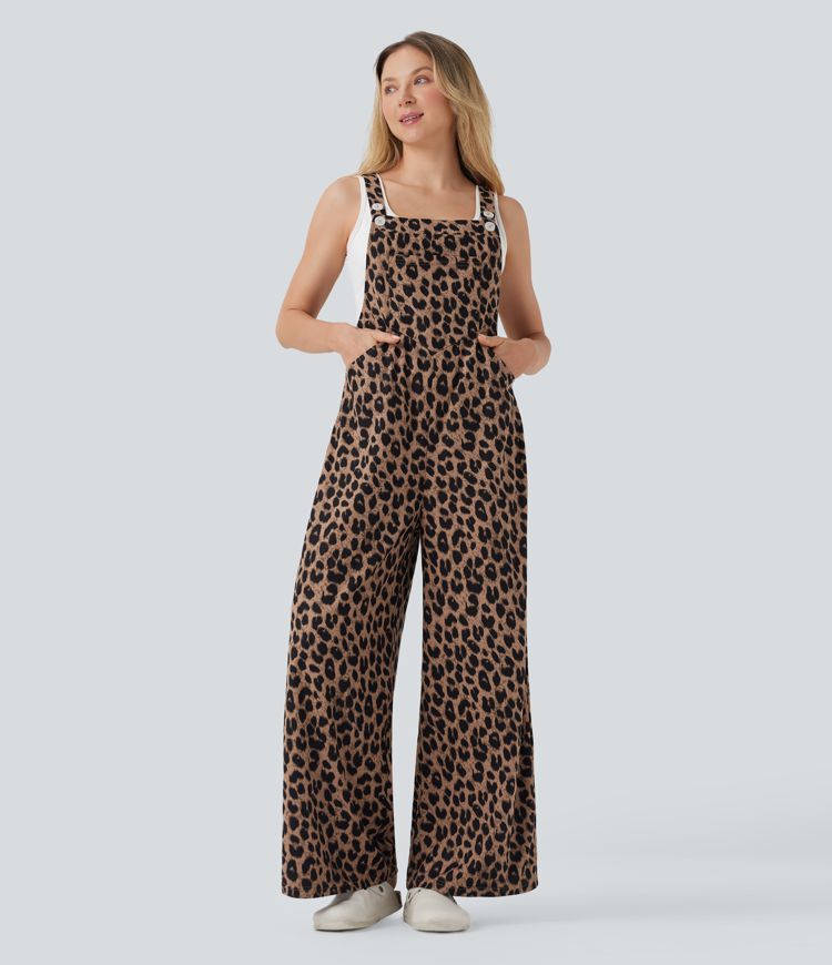 Leopard Print Waffle Casual Overalls with Pockets