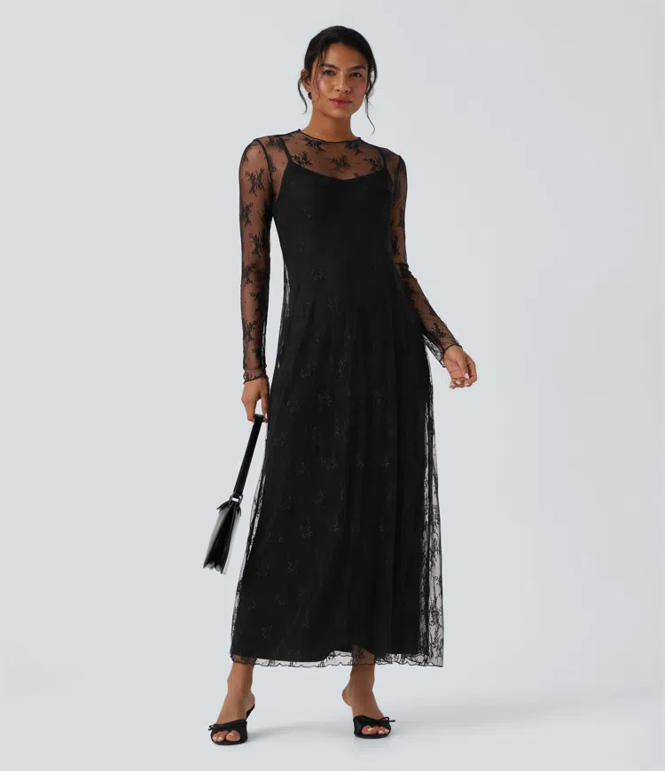 Long Sleeve 2-piece Lace Maxi Casual Dress