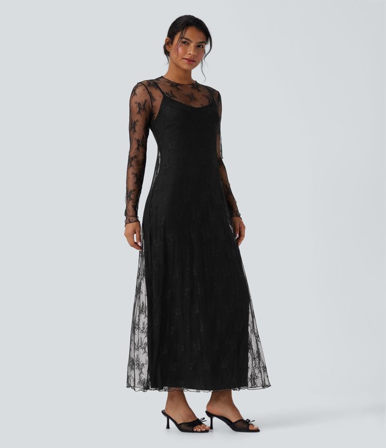 Long Sleeve 2-piece Lace Maxi Casual Dress