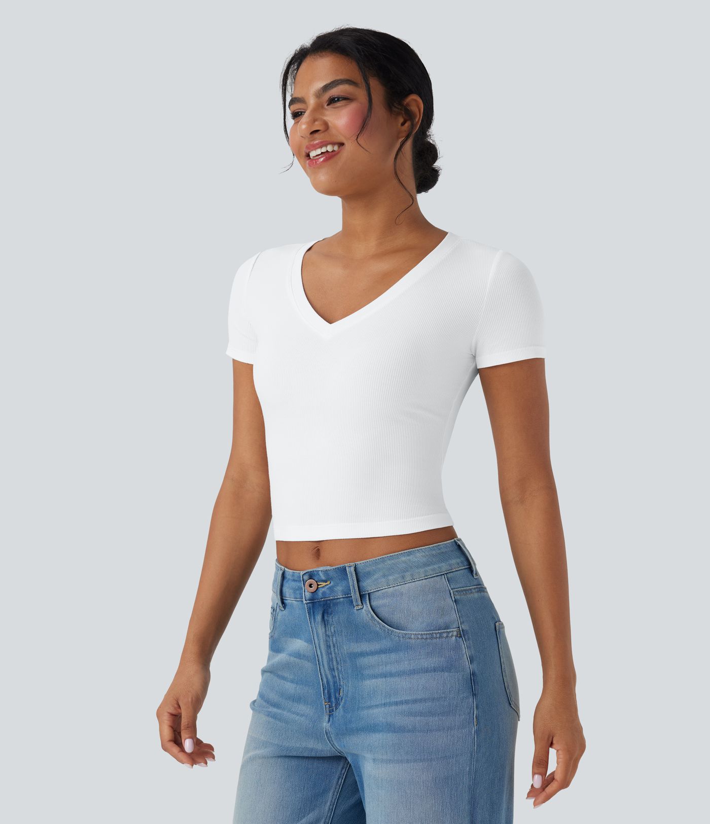 Ribbed Knit V Neck Short Sleeve Cropped Work T-Shirt