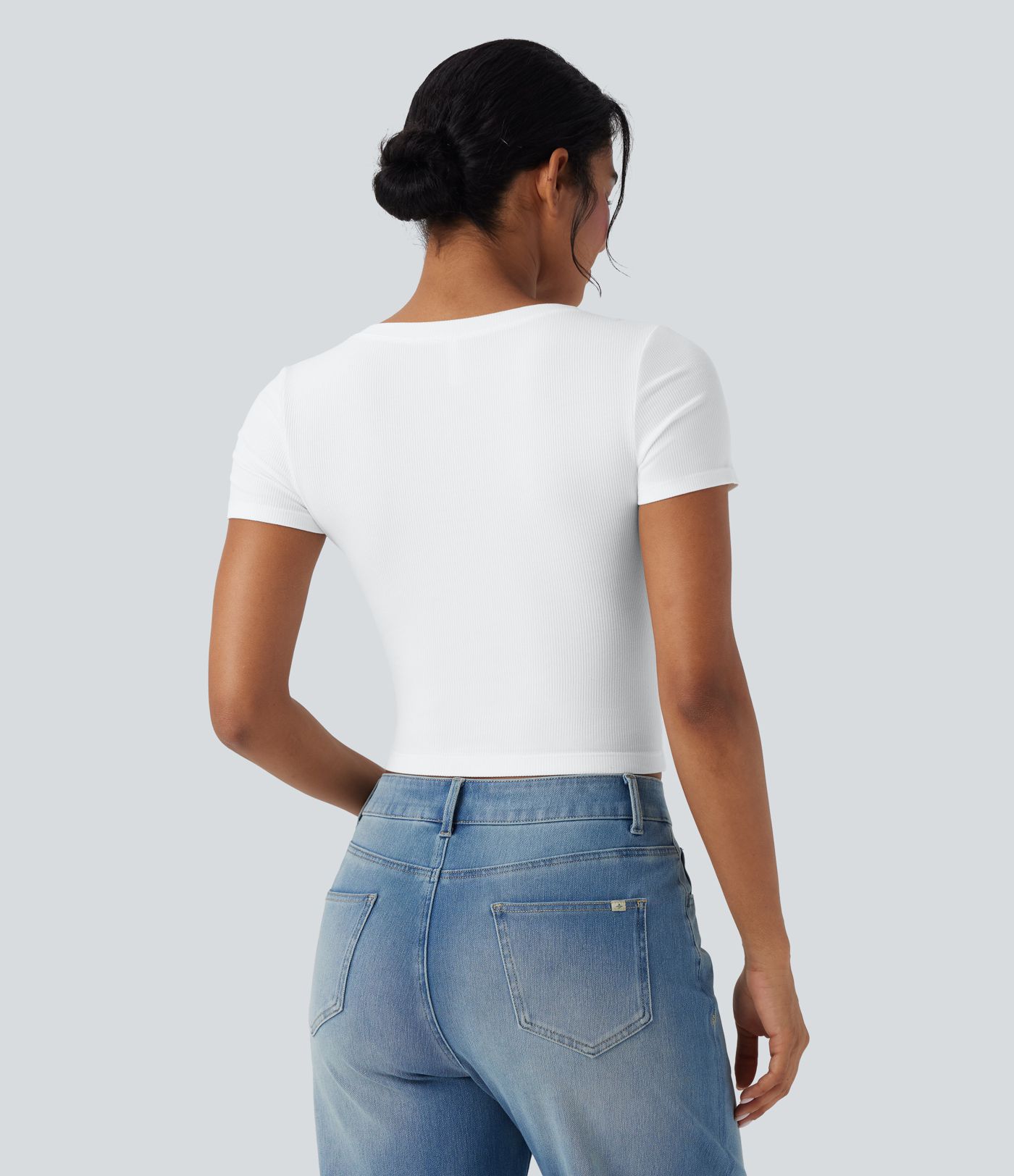 Ribbed Knit V Neck Short Sleeve Cropped Work T-Shirt