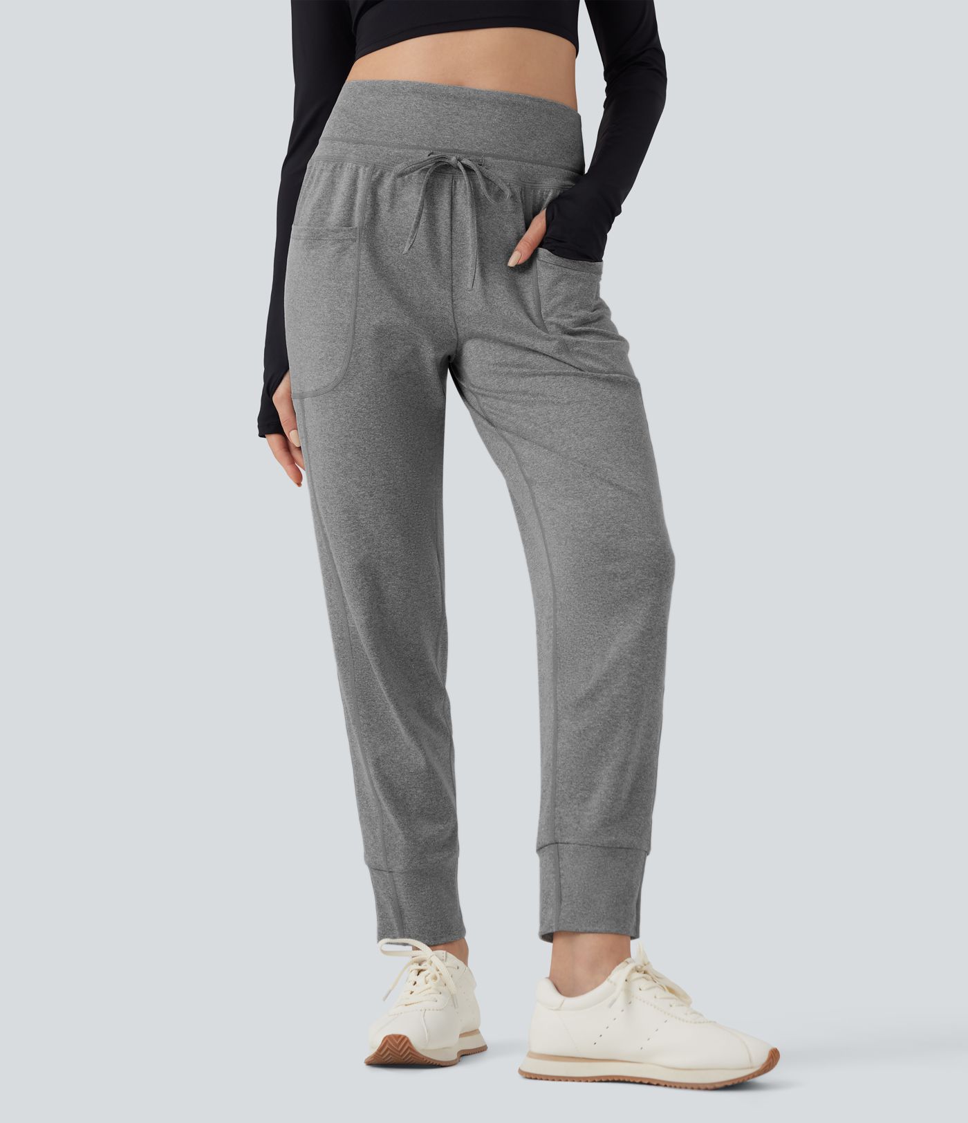 Foldover High Waisted Drawstring Ruched Yoga Joggers with Pockets