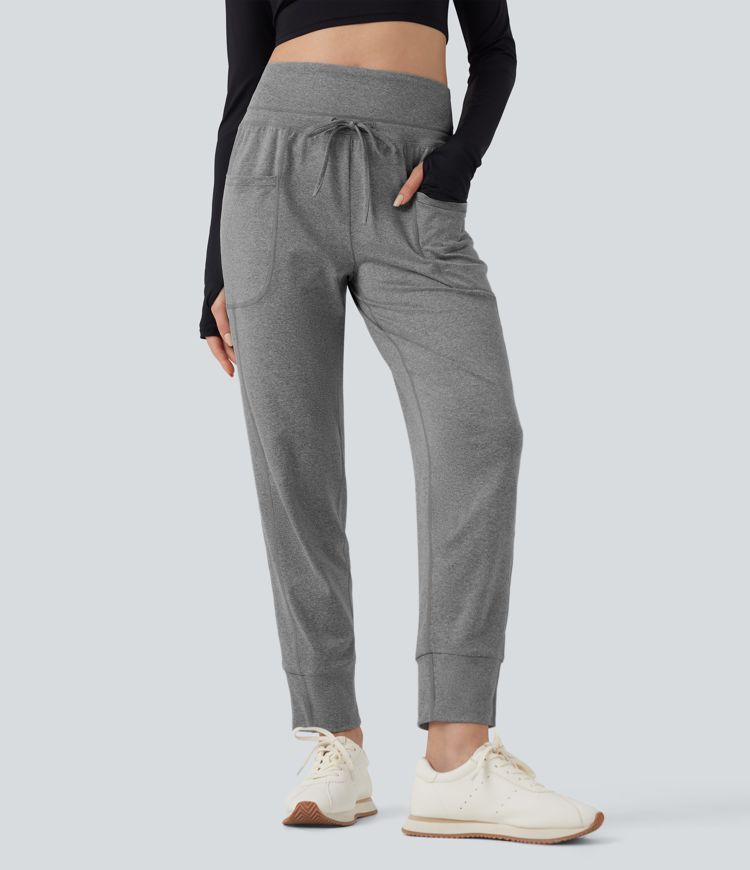 Foldover High Waisted Drawstring Ruched Yoga Joggers with Pockets