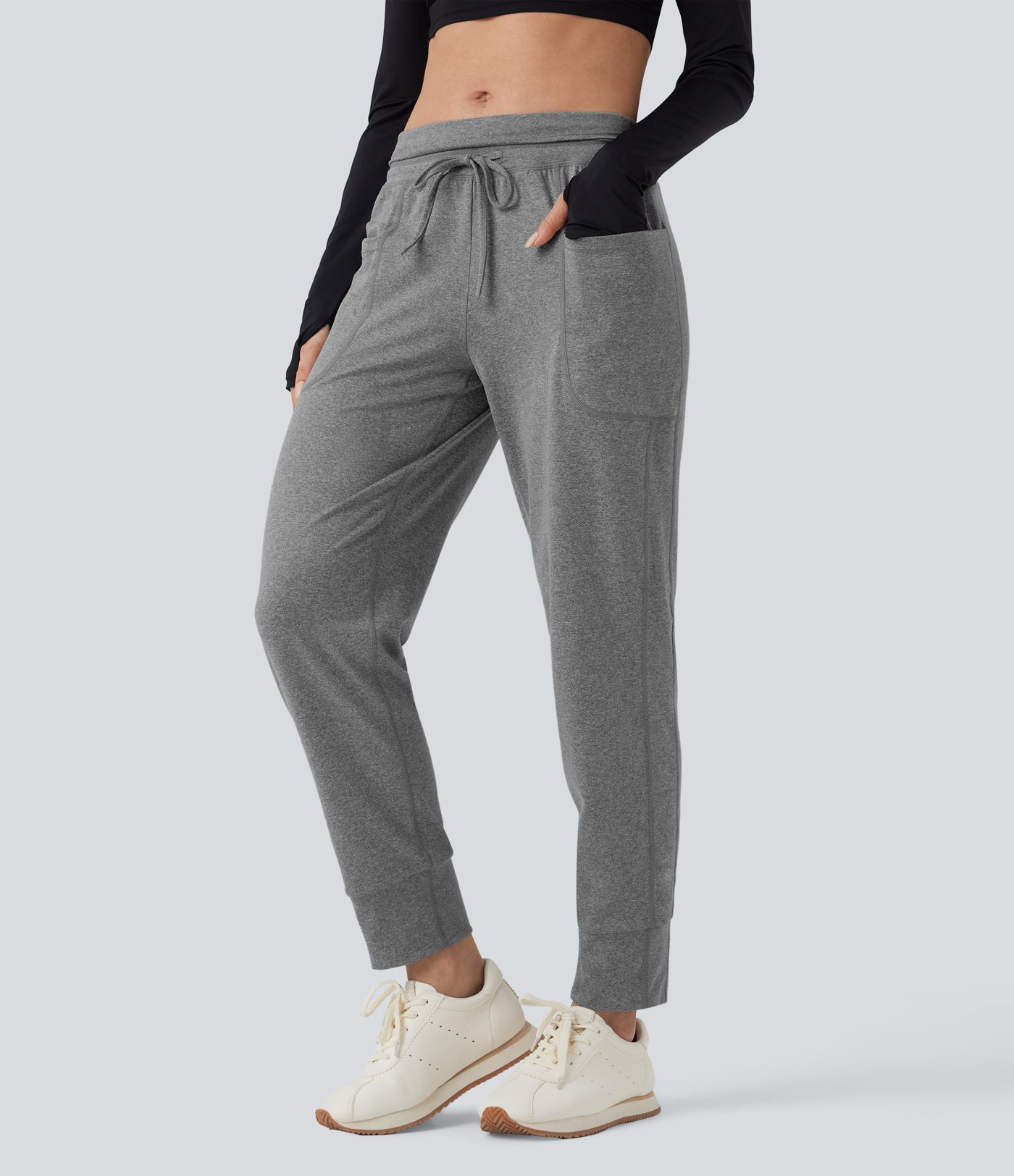 Foldover High Waisted Drawstring Ruched Yoga Joggers with Pockets