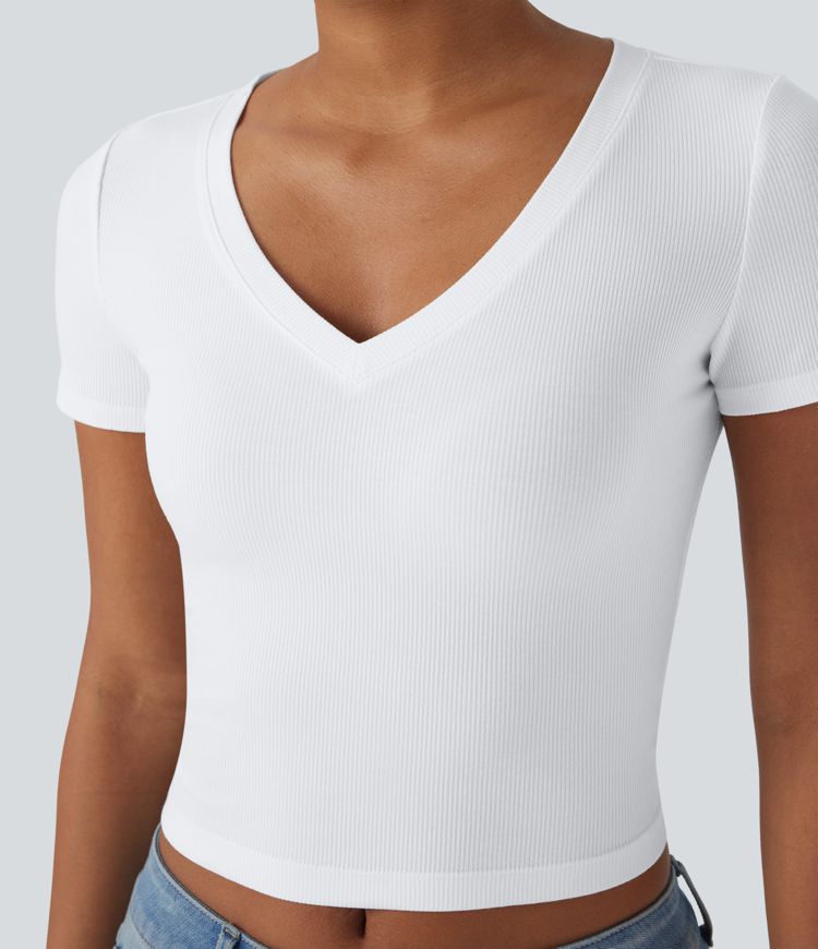 T-shirt de travail court maille côtelée col V manches courtes