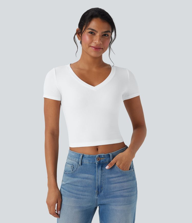 Ribbed Knit V Neck Short Sleeve Cropped Work T-Shirt
