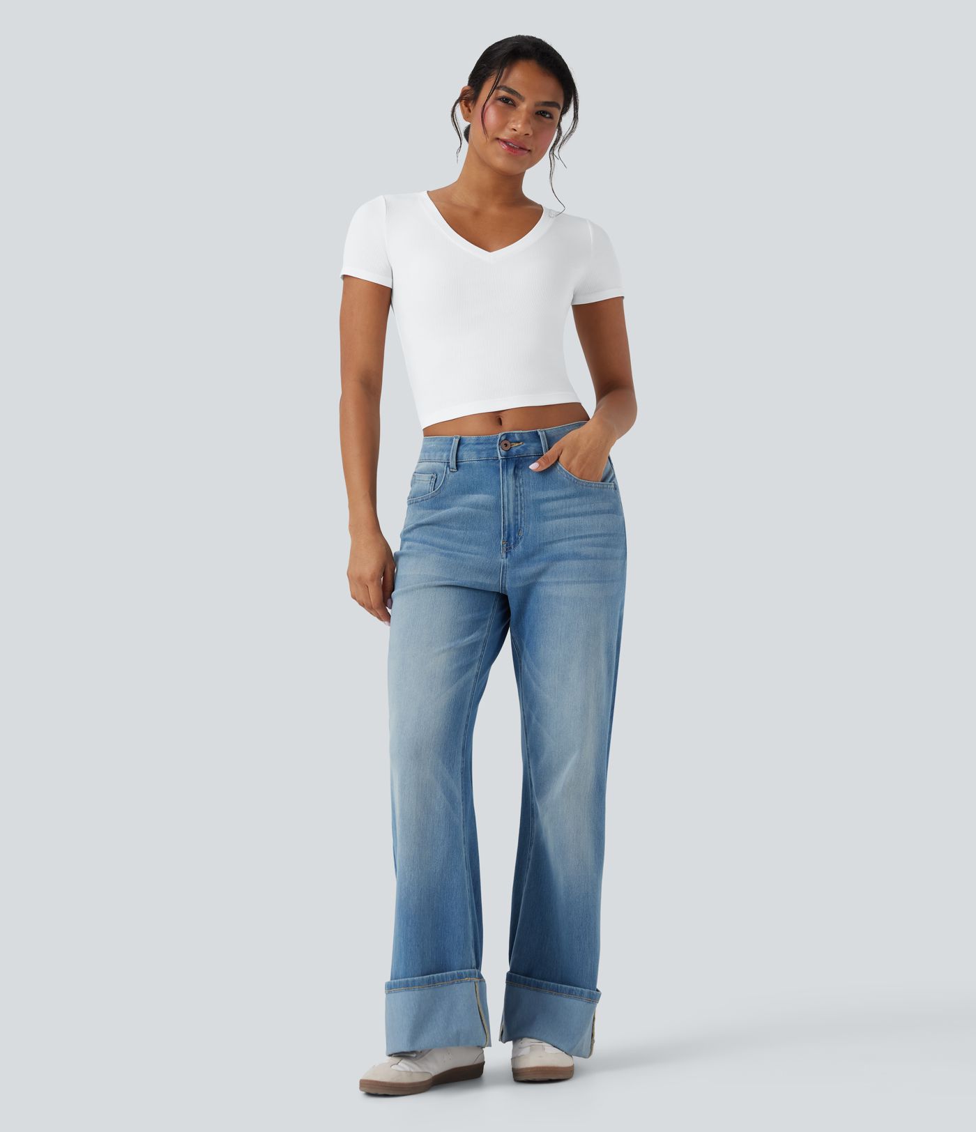 Ribbed Knit V Neck Short Sleeve Cropped Work T-Shirt