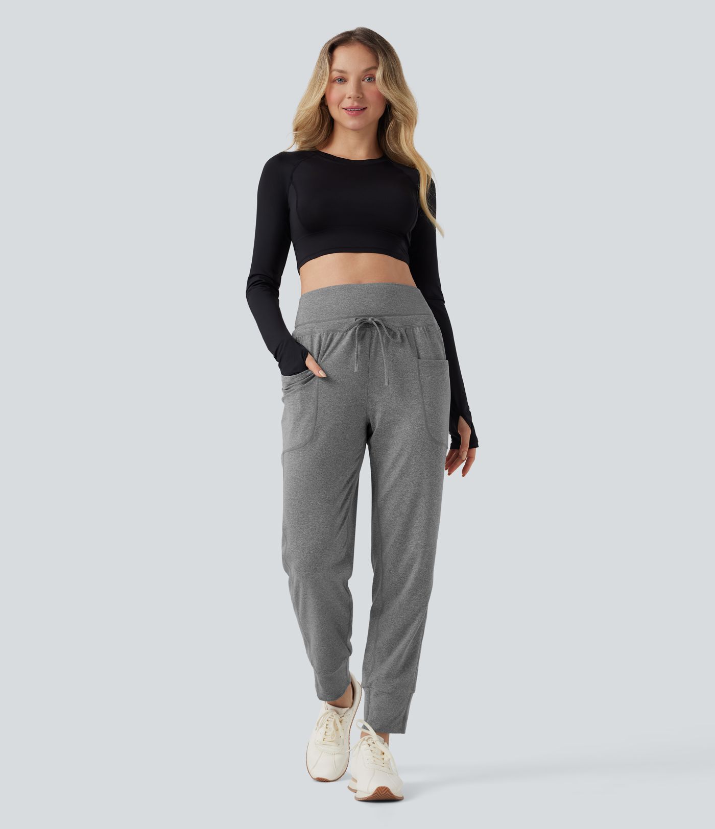 Foldover High Waisted Drawstring Ruched Yoga Joggers with Pockets