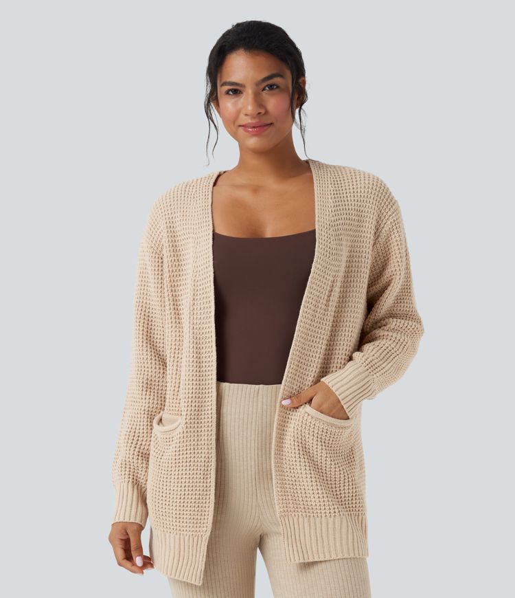 Long Sleeve Waffle Casual Cardigan with Pockets