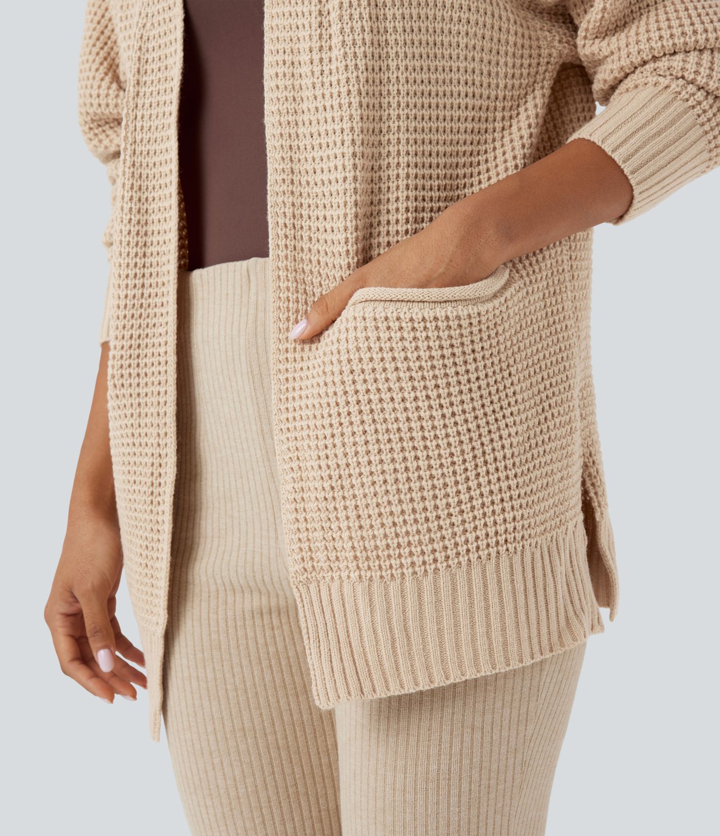 Long Sleeve Waffle Casual Cardigan with Pockets