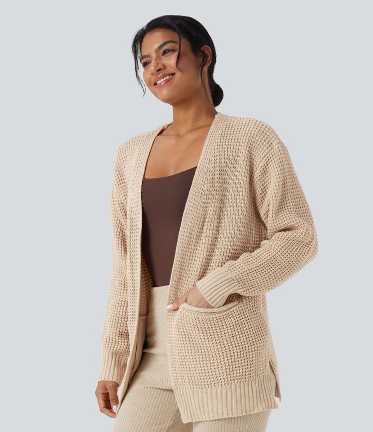 Long Sleeve Waffle Casual Cardigan with Pockets