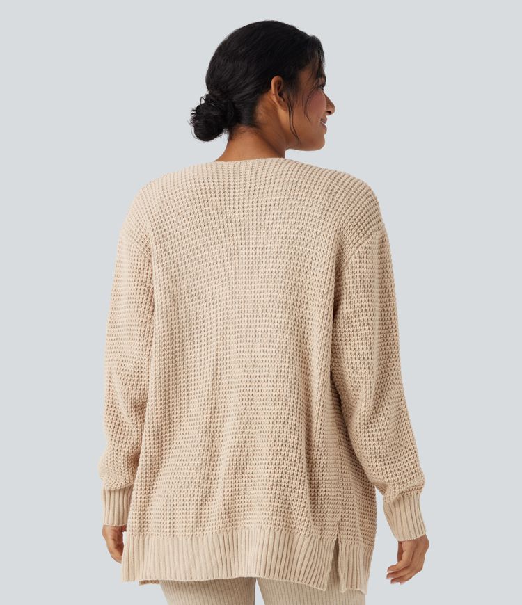 Long Sleeve Waffle Casual Cardigan with Pockets
