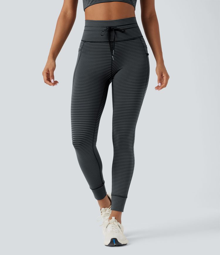 High Waisted Drawstring Striped Yoga Leggings with Pockets