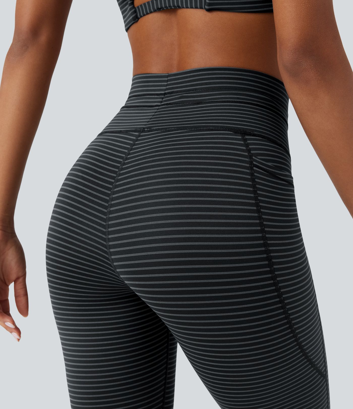 High Waisted Drawstring Striped Yoga Leggings with Pockets