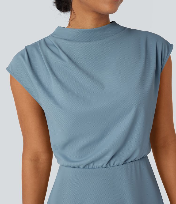 Stand Collar Cap Sleeve Quick Dry 2-Piece Mini Work Dress with Pocket-UPF40+