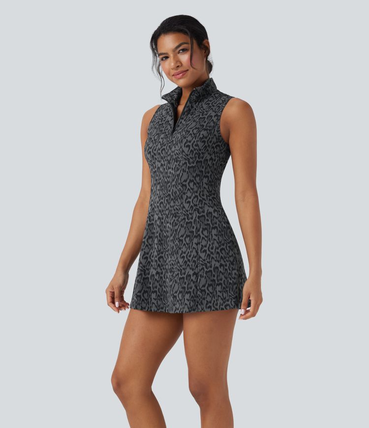 Halara UltraSculpt™ Leopard Print Polo Neck Half Zipper Sleeveless Micro Tennis Active Dress with Pockets