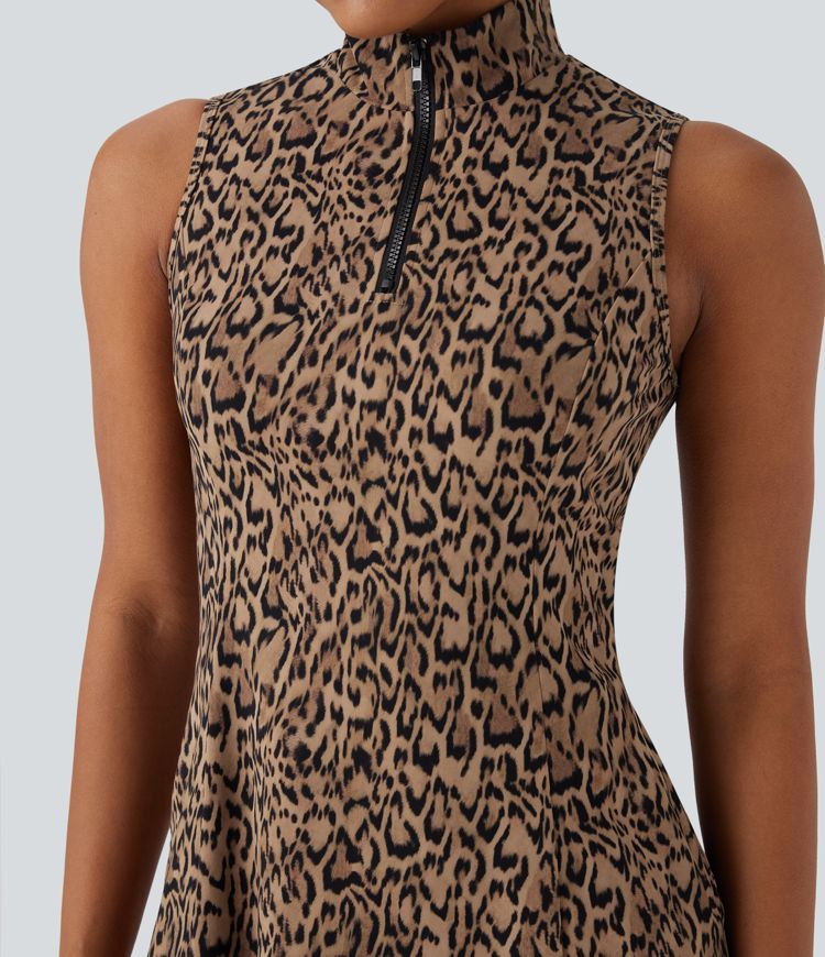 Robe de tennis active micro Halara UltraSculpt™ imprimé léopard col polo demi-fermeture éclair sans manches avec poches