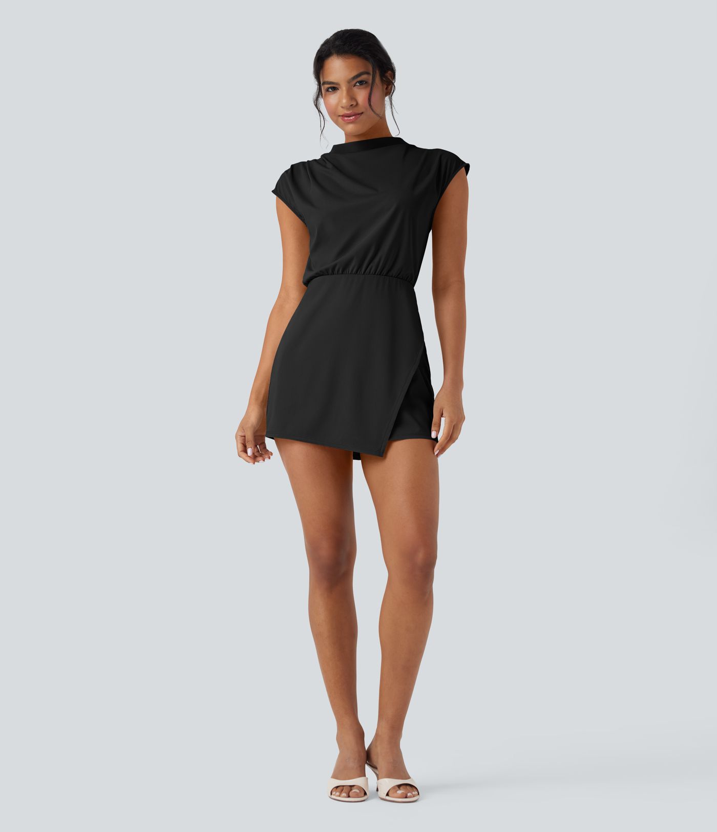 Stand Collar Cap Sleeve Quick Dry 2-Piece Mini Work Dress with Pocket-UPF40+