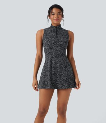 Halara UltraSculpt™ Leopard Print Polo Neck Half Zipper Sleeveless Micro Tennis Active Dress with Pockets