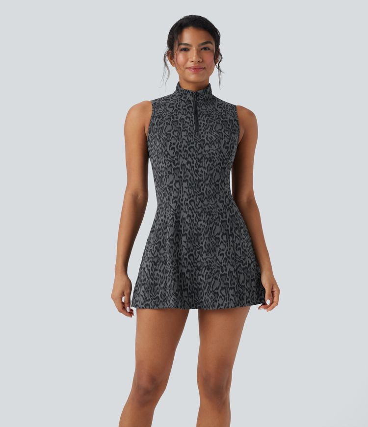 Halara UltraSculpt™ Leopard Print Polo Neck Half Zipper Sleeveless Micro Tennis Active Dress with Pockets
