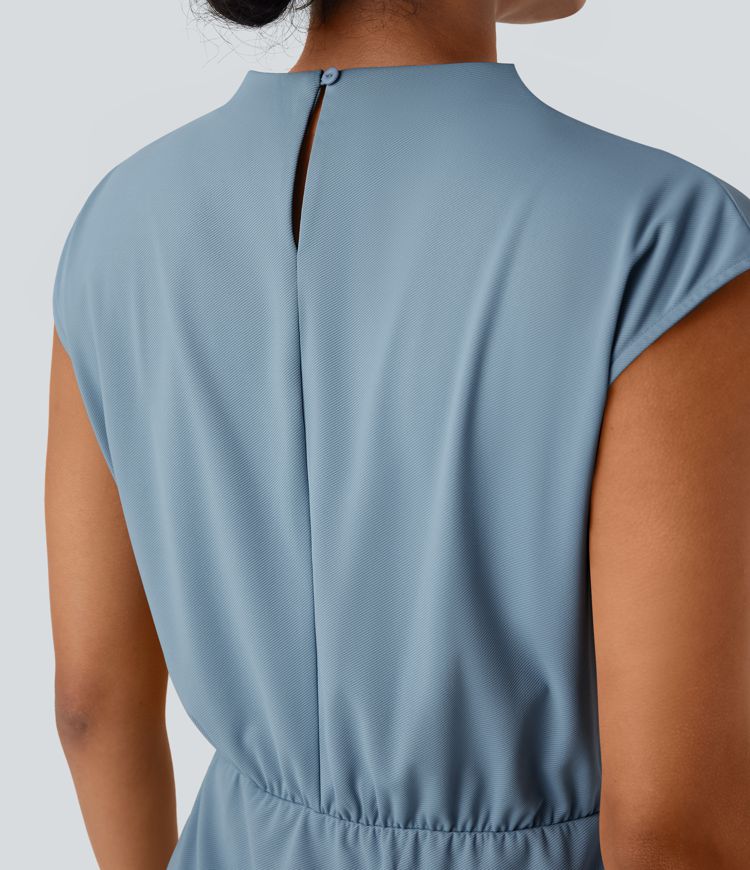 Stand Collar Cap Sleeve Quick Dry 2-Piece Mini Work Dress with Pocket-UPF40+