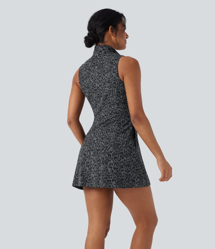 Halara UltraSculpt™ Leopard Print Polo Neck Half Zipper Sleeveless Micro Tennis Active Dress with Pockets