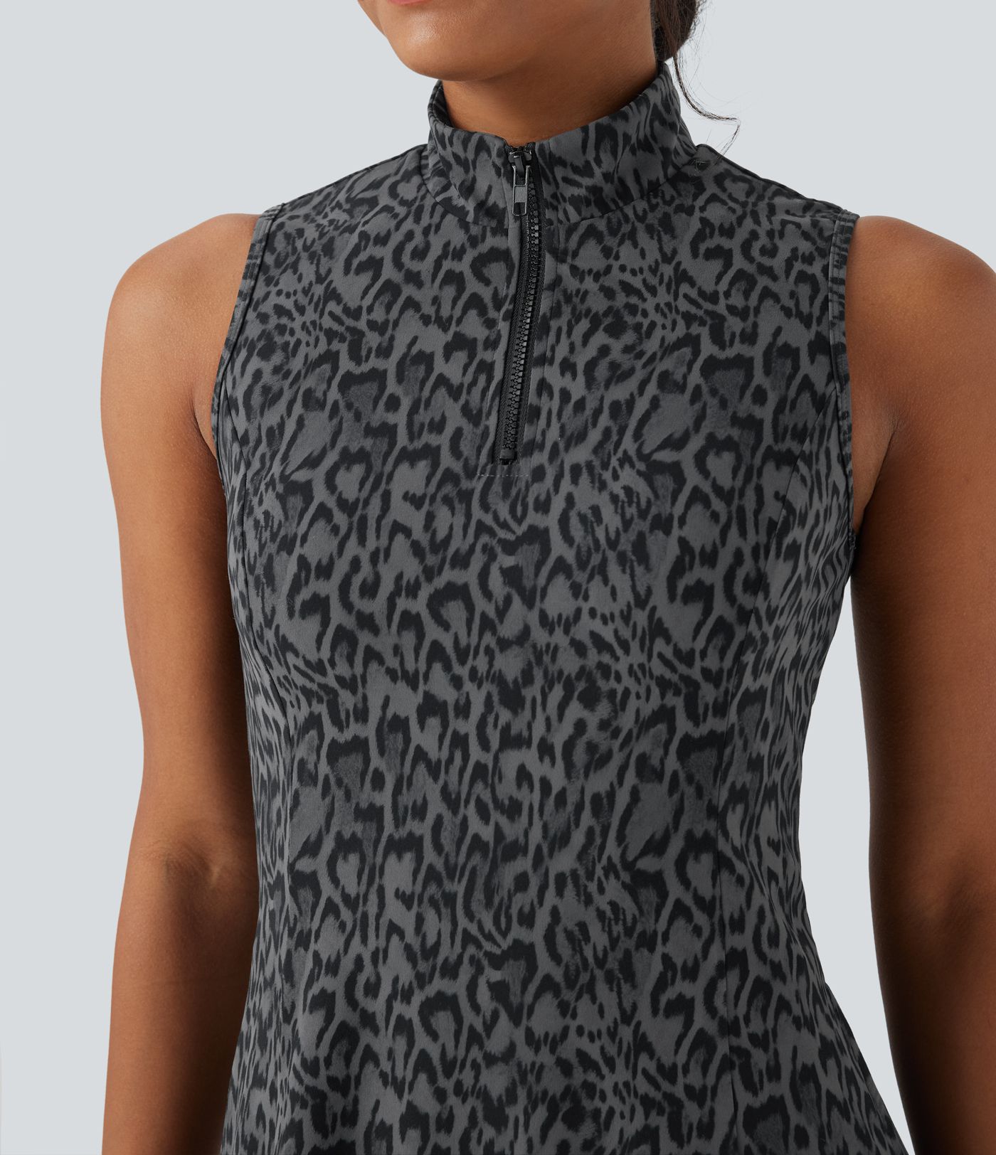 Halara UltraSculpt™ Leopard Print Polo Neck Half Zipper Sleeveless Micro Tennis Active Dress with Pockets