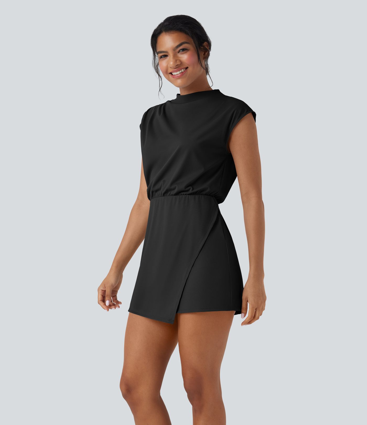 Stand Collar Cap Sleeve Quick Dry 2-Piece Mini Work Dress with Pocket-UPF40+