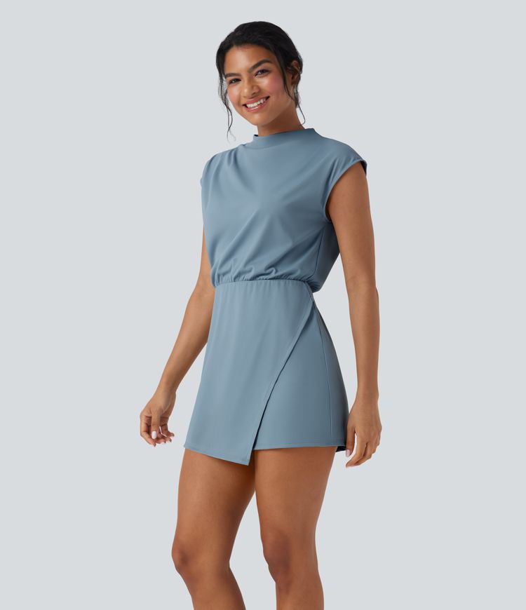 Stand Collar Cap Sleeve Quick Dry 2-Piece Mini Work Dress with Pocket-UPF40+