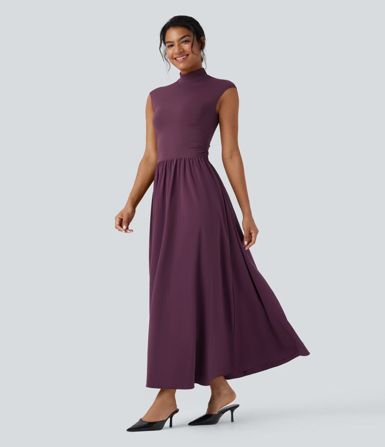 Breezeful™ Mock Neck Cap Sleeve Quick Dry Flowy Flare Maxi Casual Dress
