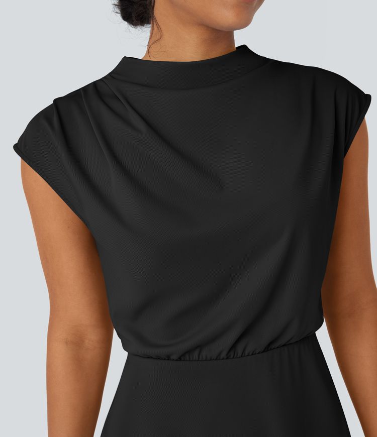 Stand Collar Cap Sleeve Quick Dry 2-Piece Mini Work Dress with Pocket-UPF40+