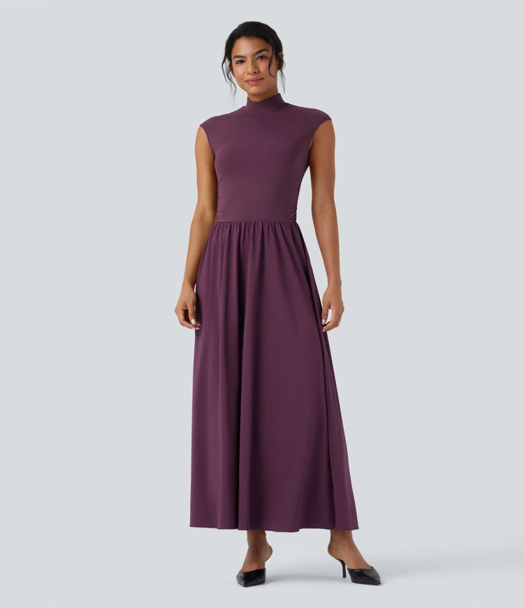 Breezeful™ Mock Neck Cap Sleeve Quick Dry Flowy Flare Maxi Casual Dress