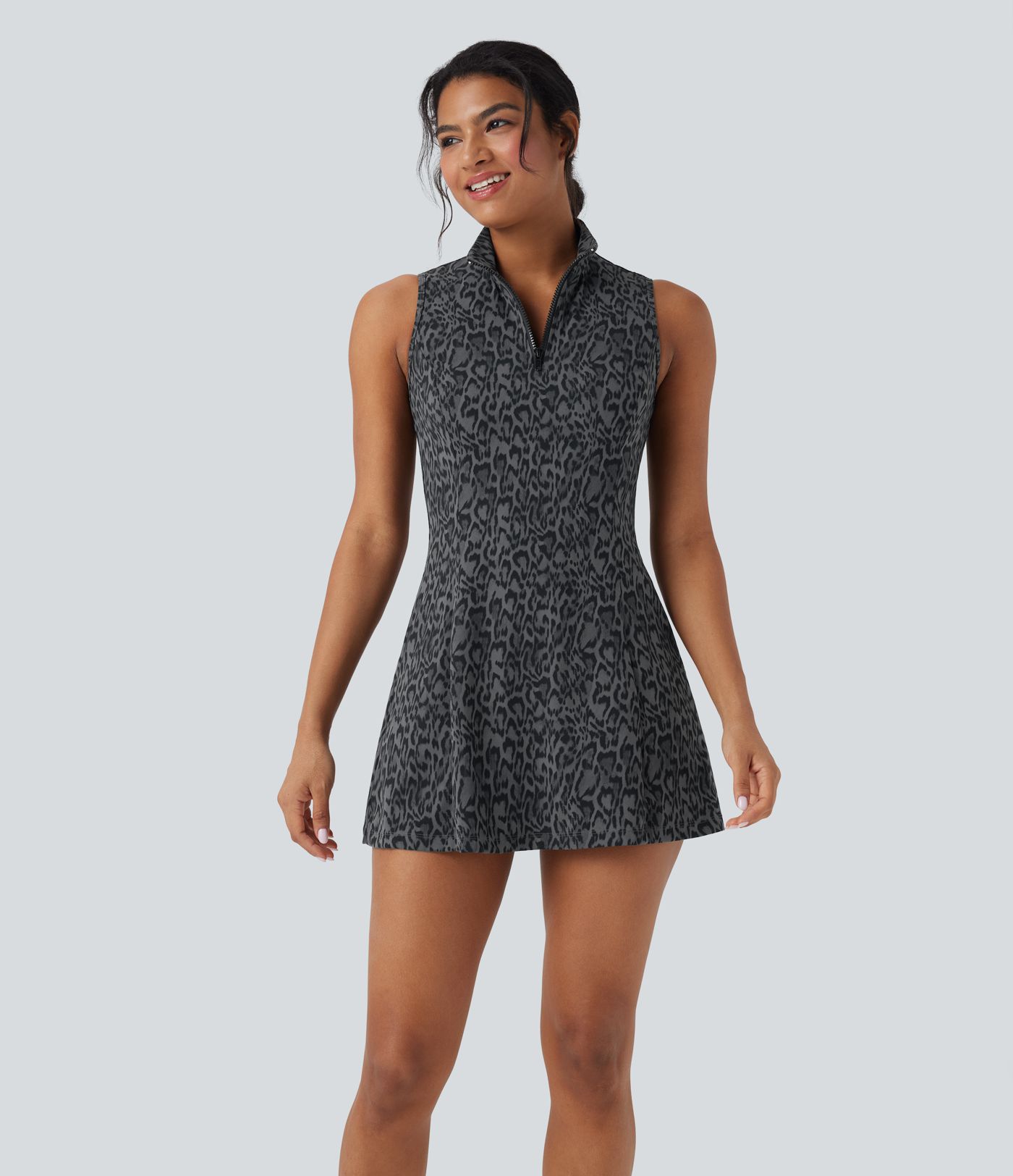 Halara UltraSculpt™ Leopard Print Polo Neck Half Zipper Sleeveless Micro Tennis Active Dress with Pockets