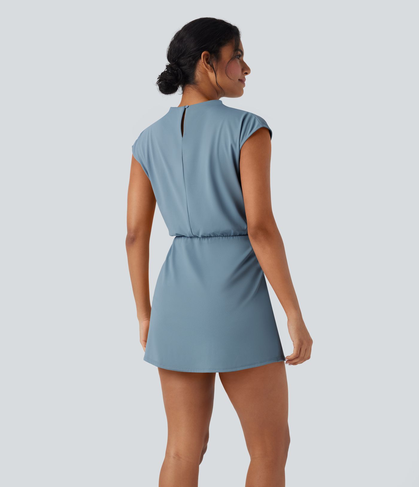 Stand Collar Cap Sleeve Quick Dry 2-Piece Mini Work Dress with Pocket-UPF40+