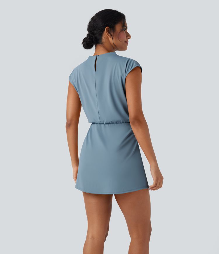 Stand Collar Cap Sleeve Quick Dry 2-Piece Mini Work Dress with Pocket-UPF40+